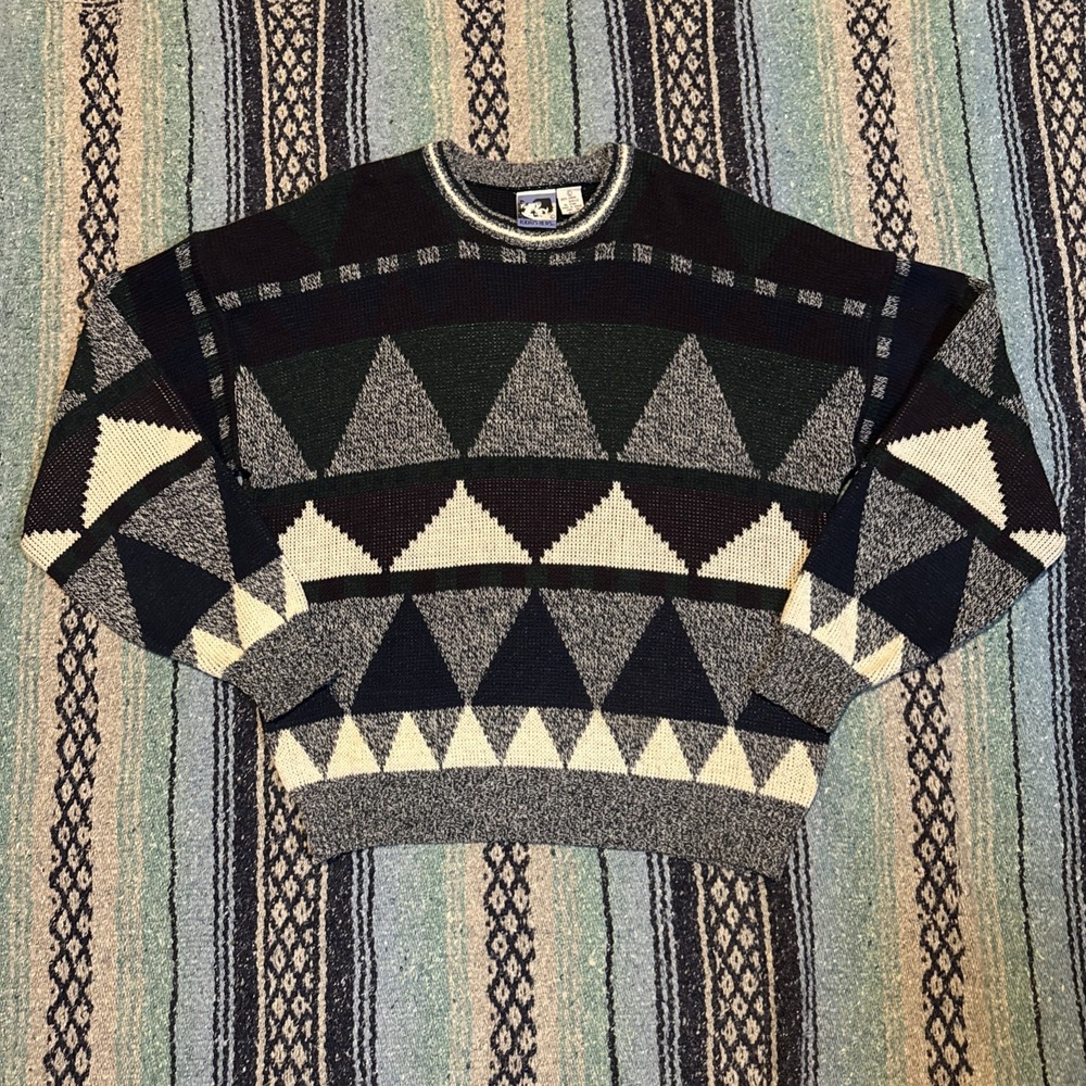 Vintage 80s Today's News Knit Sweater Mens L Geometric Cosby Dad Grandpa Retro